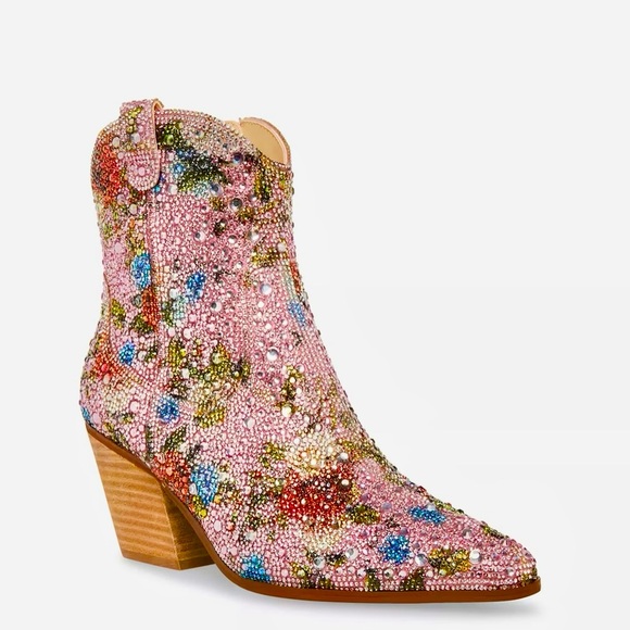 Brand-New Betsey Johnson Pink Multicolor Rhinestone Ankle Boots